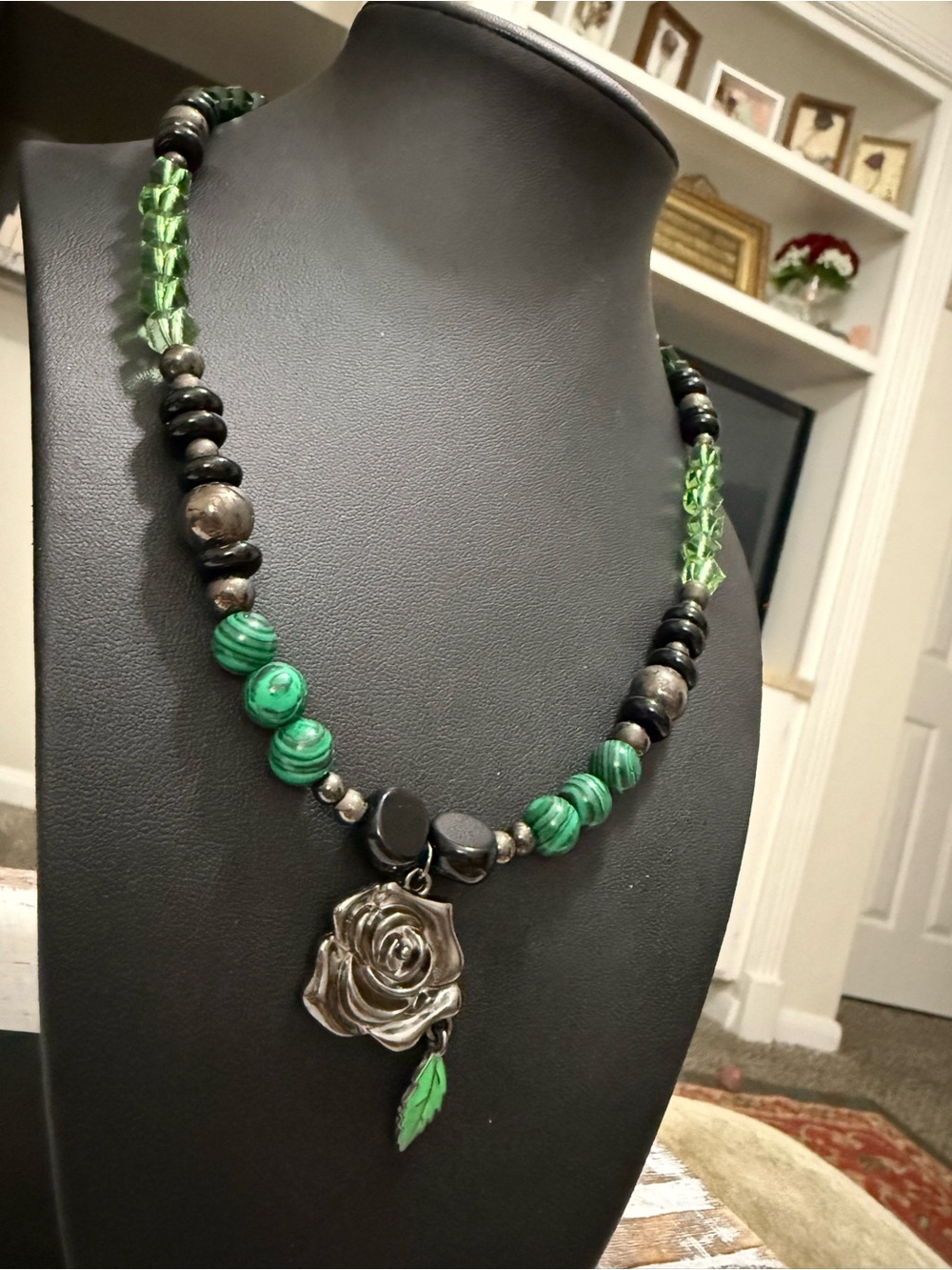 Green Beaded Rose Pendant Necklace - Women Jewelry